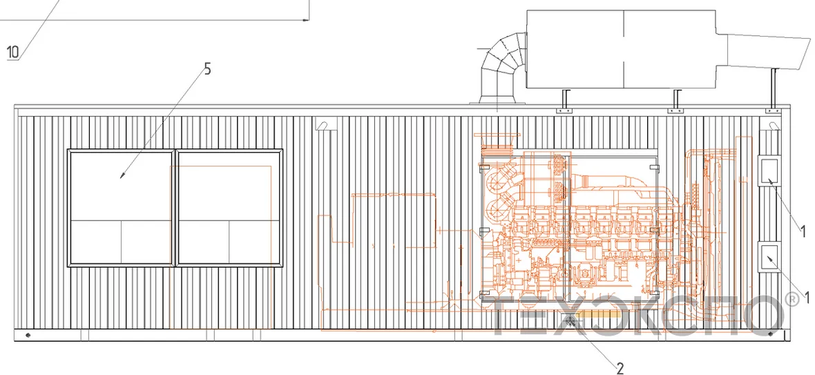 Drawing of 1500 kW high voltage diesel genset in container
