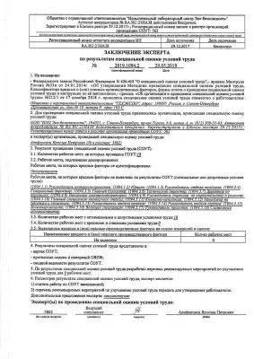 Expert opinion on the results of a special assessment of working conditions No. 2019.1094.2