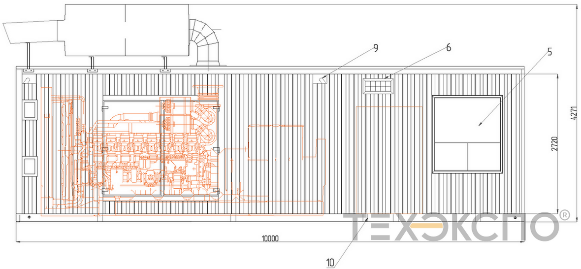 Drawing of 1500 kW high voltage diesel genset in container